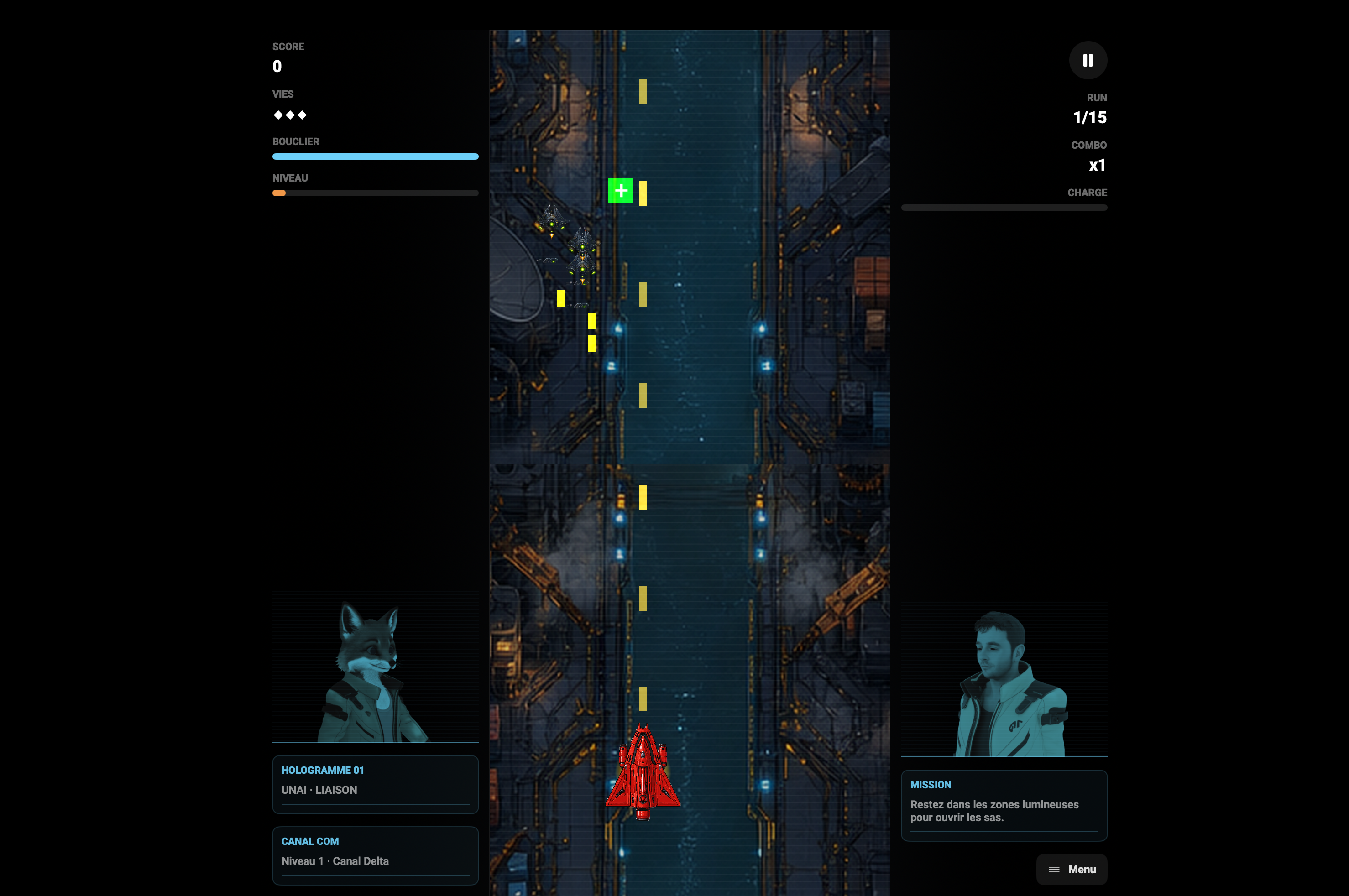 Le vaisseau rouge dans Unai Blast, accompagné des hologrammes de Unai et du Capitaine