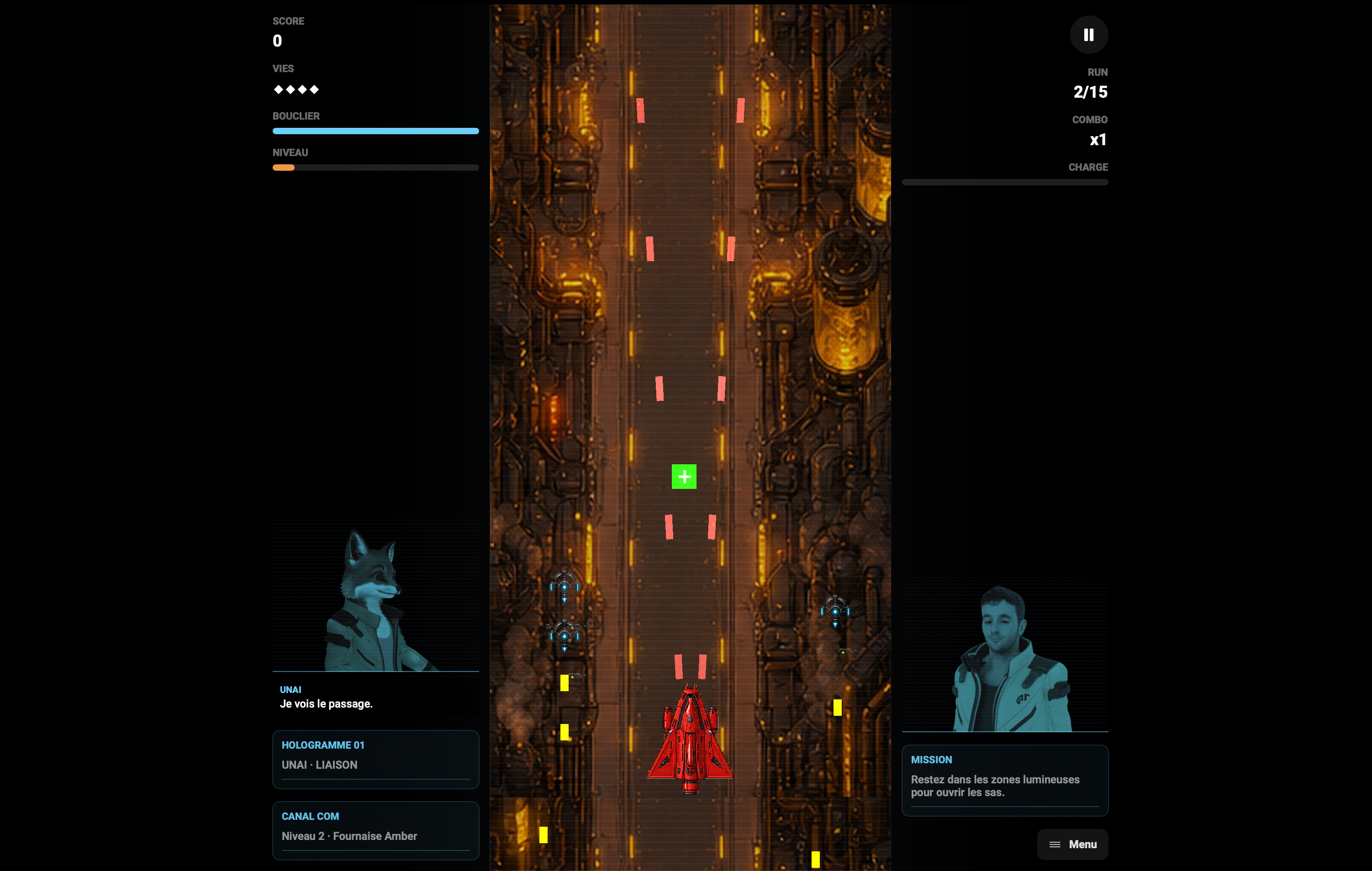 Combat spatial dans le niveau Fournaise Amber de Unai Blast